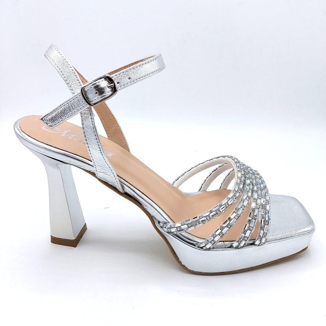 Marika BE1000 argento sandalo donna elegante con strass. Tacco 10 cm e plateau 2 cm