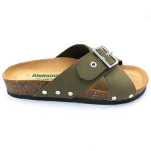 BioNatura 11A2278 verde bosco ciabatta donna incrociata con fascia regolabile e borchie nikel free