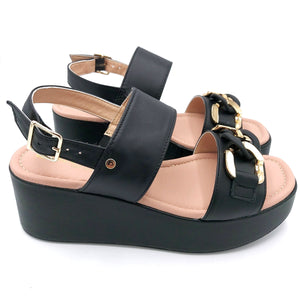 Donna serena 3Q4747D nero sandalo donna in pelle con zeppa foderata e accessorio